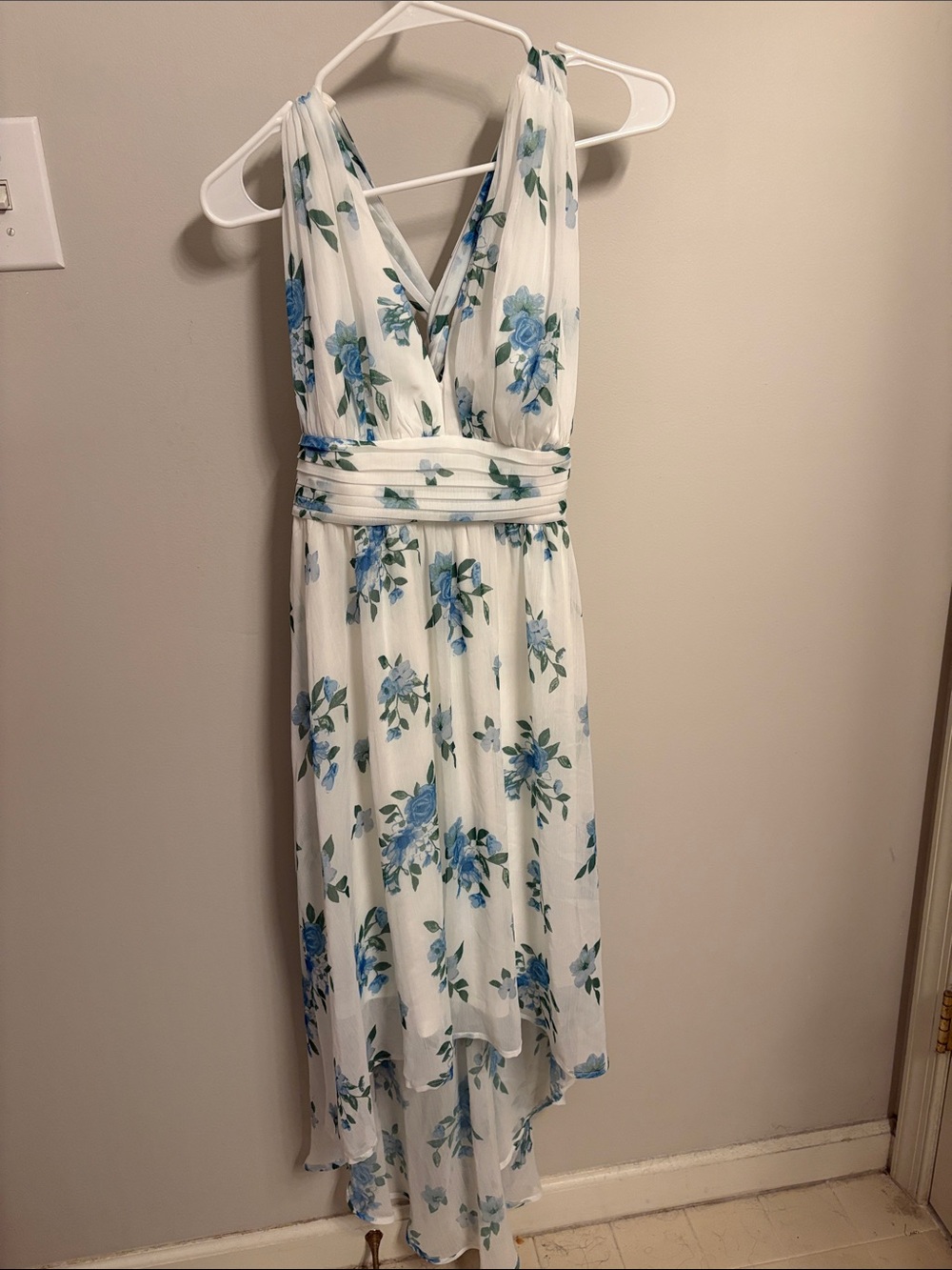 Disney White High-Low Floral Dress with Blue Rose Print
